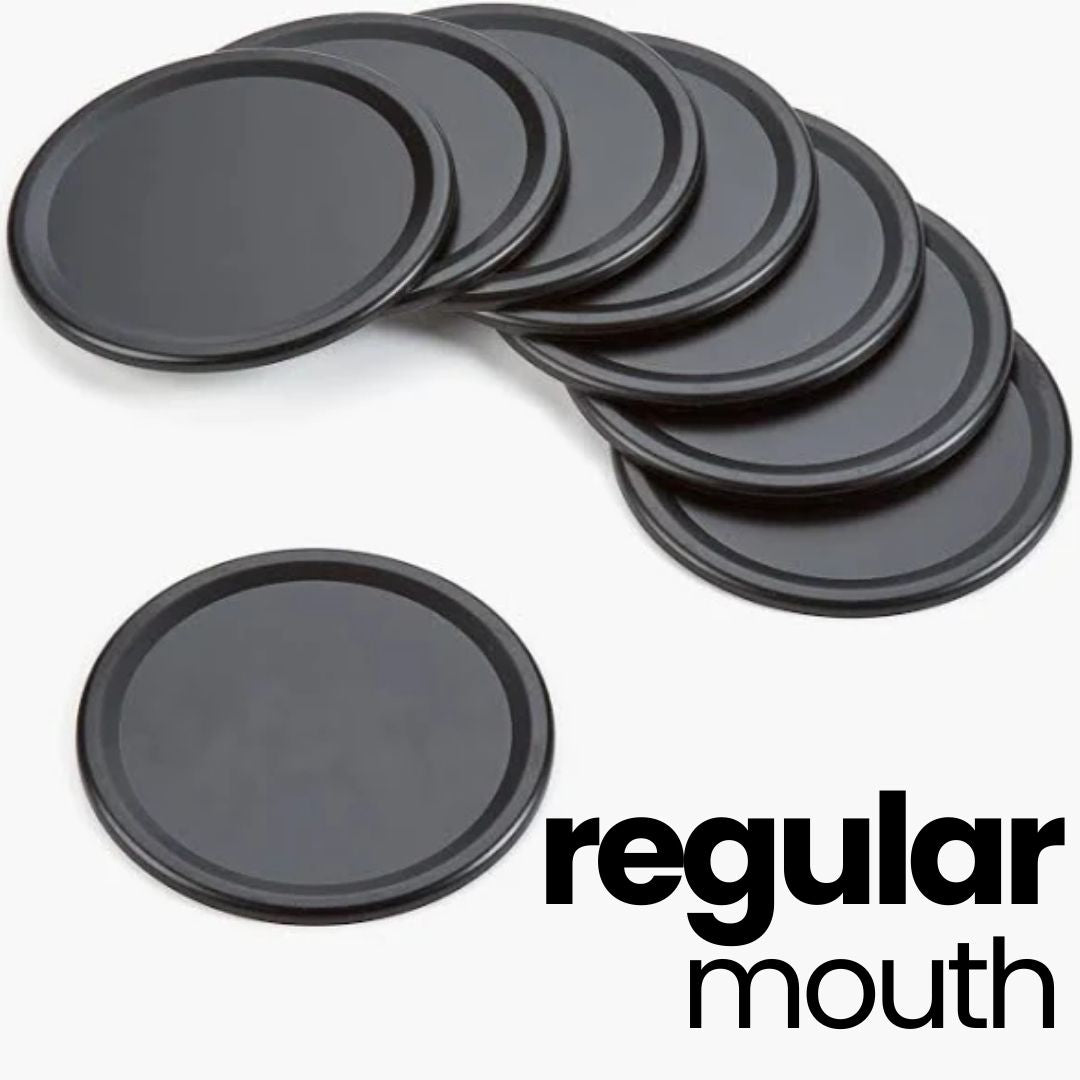 Stack of black lids labeled 'regular mouth.'