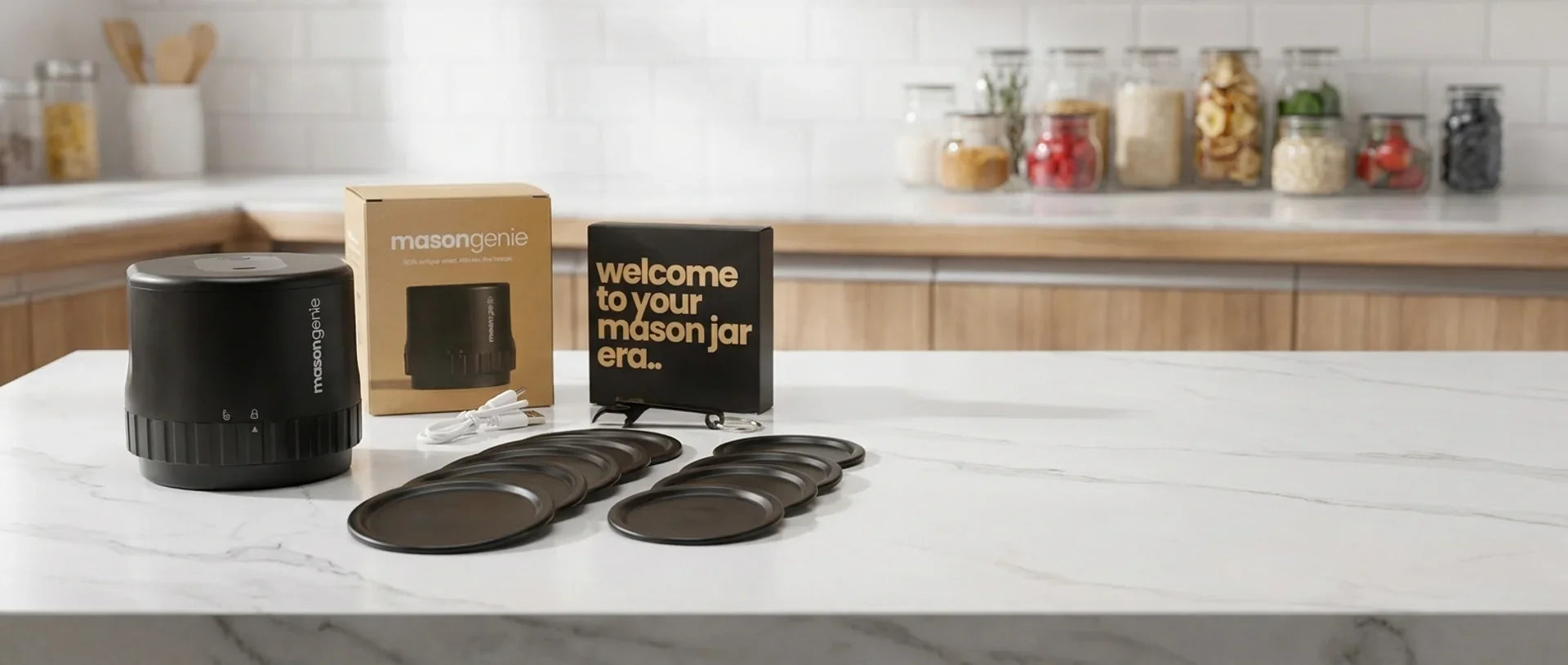 Everything in the Mason Genie kit on a kitchen counter