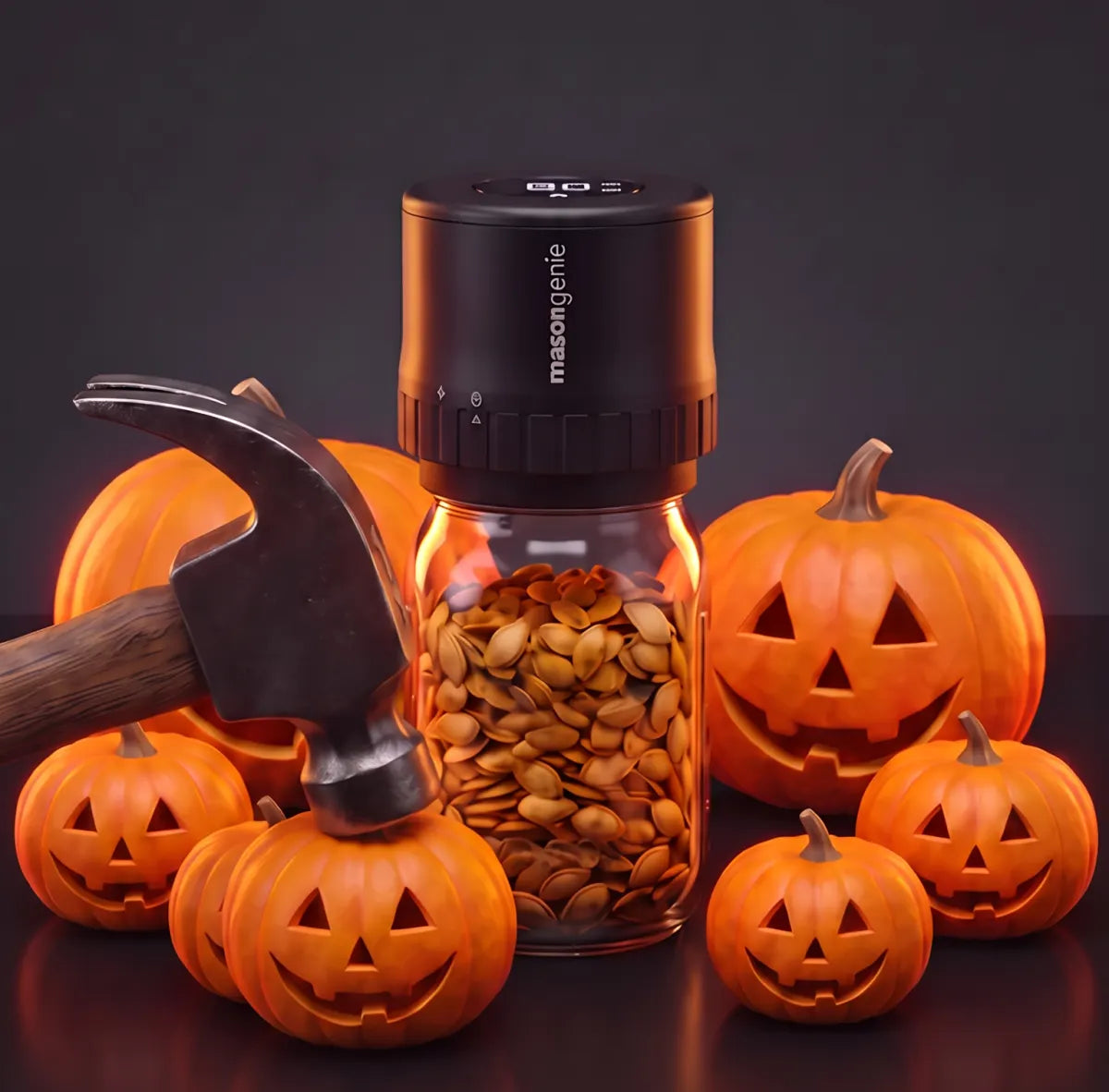 Mason Genie vacuum sealing a jar of pecans on a fall kitchen counter, with pantry jars of pumpkin seeds, dried cranberries, granola and dried apple rings